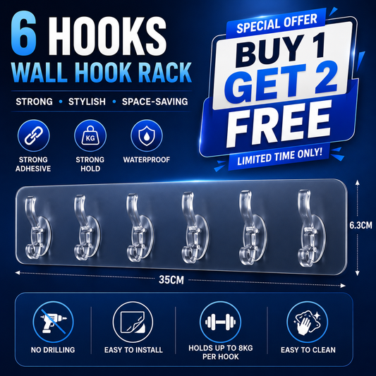 Buy 1 Get 2 Free - Row of 6 Hooks Self Adhesive